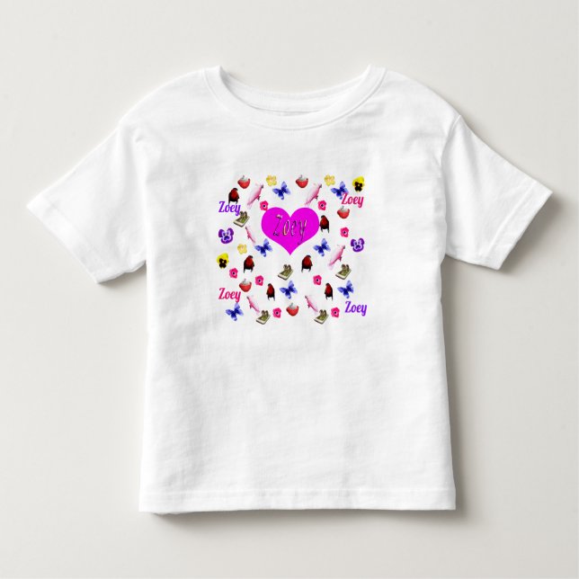 Camiseta De Bebé Zoey Name With Bunnies Butterflies Flowers, (Anverso)