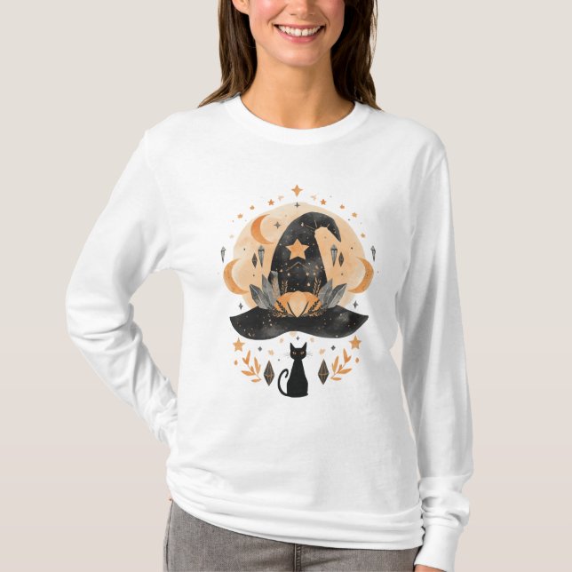 Camiseta de Bruja de Halloween Gato Negro  (Anverso)