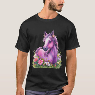 Camiseta de caballo morado con flores - tirador de