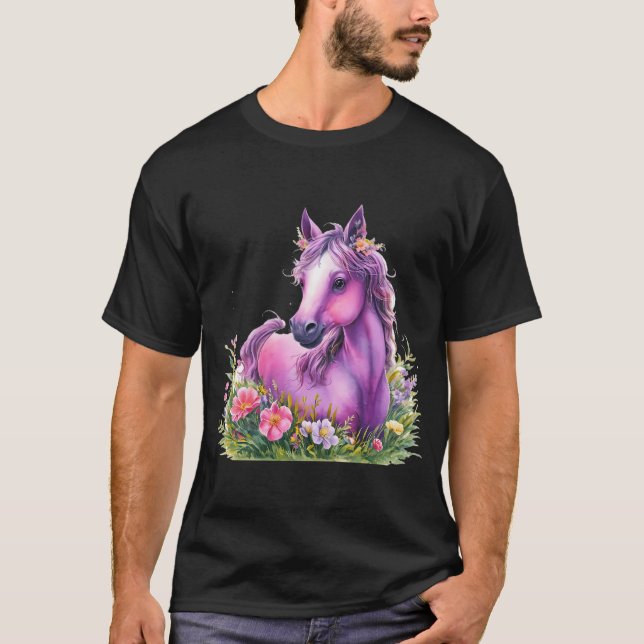 Camiseta de caballo morado con flores - tirador de (Anverso)