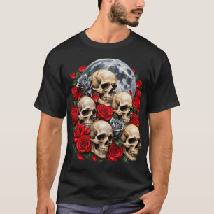 Camiseta de Calaveras Góticas y Rosas Rojas   Flor