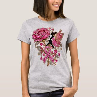 Camiseta de Cáncer de Seno Rosa Hada con Rosa