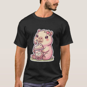 Camiseta de capibara rosa kawaii bebiendo té de bo