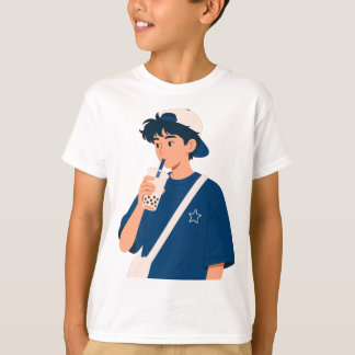 Camiseta de chico lindo de anime bebiendo té de bu