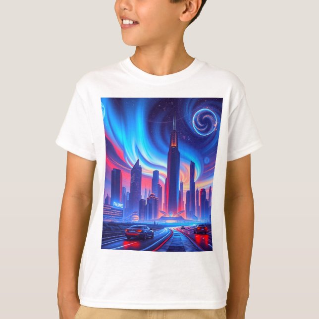 Camiseta de chicos de ciudad futurista (Anverso)