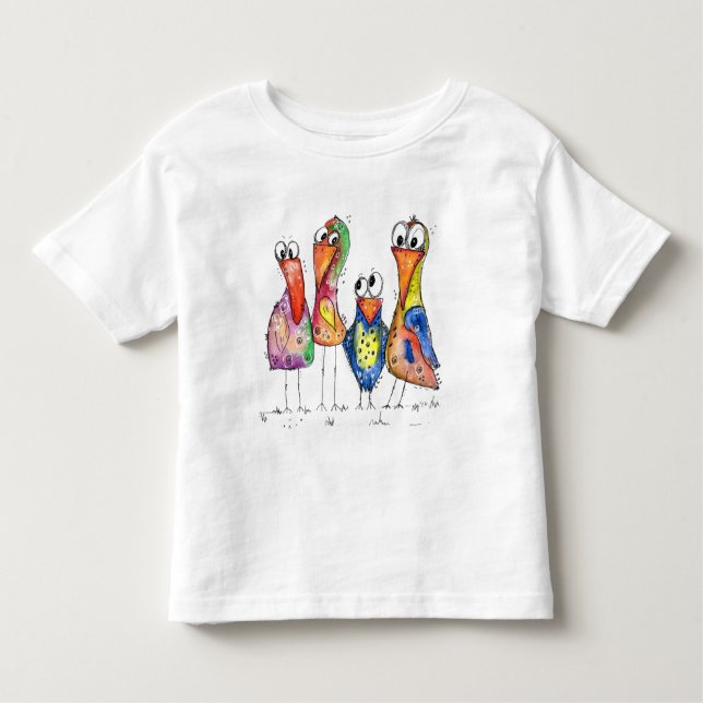 Camiseta de cuatro pájaros coloridos y mullidos (Anverso)