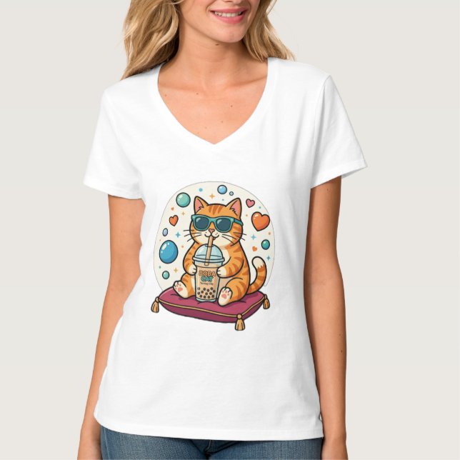 Camiseta de cuello en V de chica de anime de té de (Anverso)