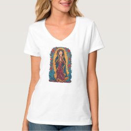 Camiseta de cuello en V de la Virgen de Guadalupe 