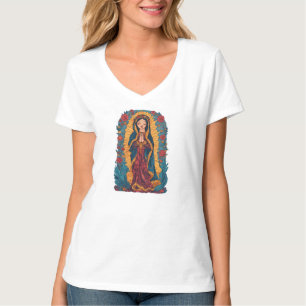 Camiseta de cuello en V de la Virgen de Guadalupe