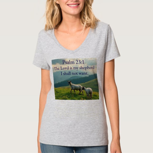 Camiseta de cuello en V para mujer con versículo b (Anverso)