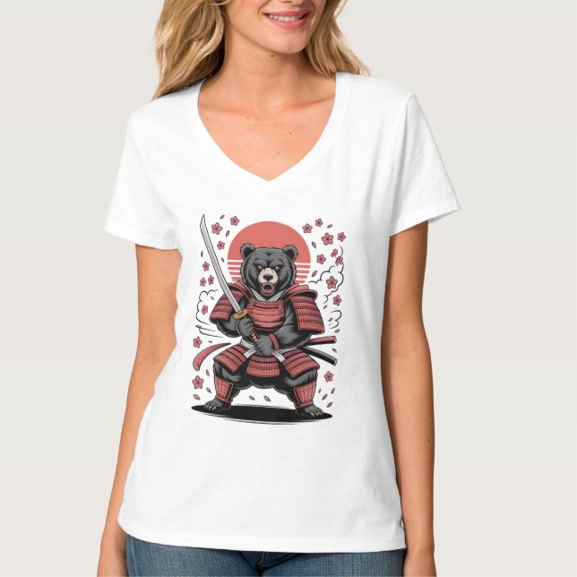 Camiseta de cuello en V para mujer Samurai Bear (Anverso)