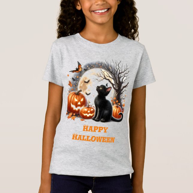 Camiseta de cuello redondo gris de gato negro de H (Anverso)