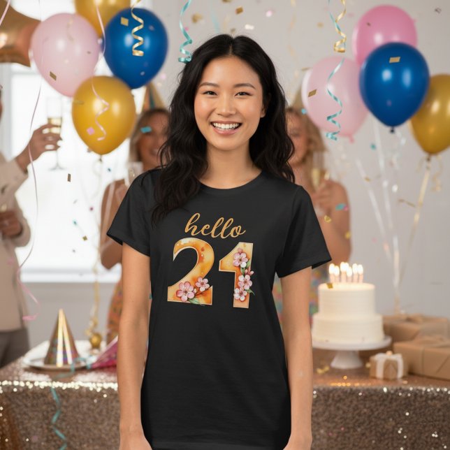 Camiseta de cumpleaños 21 de Flor de Cerezo Hola 2 (Hello 21 - 21st birthday t-shirt.)
