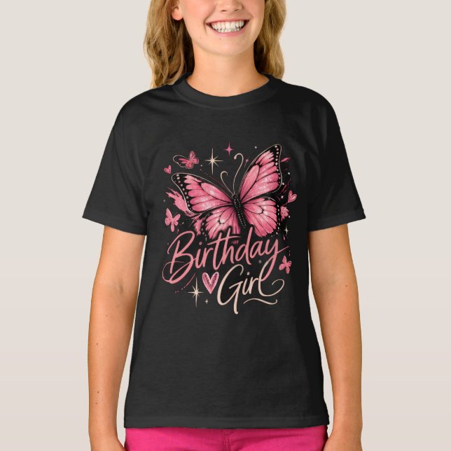 Camiseta de cumpleaños de mariposa rosa para chica (Anverso)