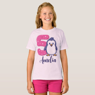 Camiseta de cumpleaños de pingüino niña edad 5 nom