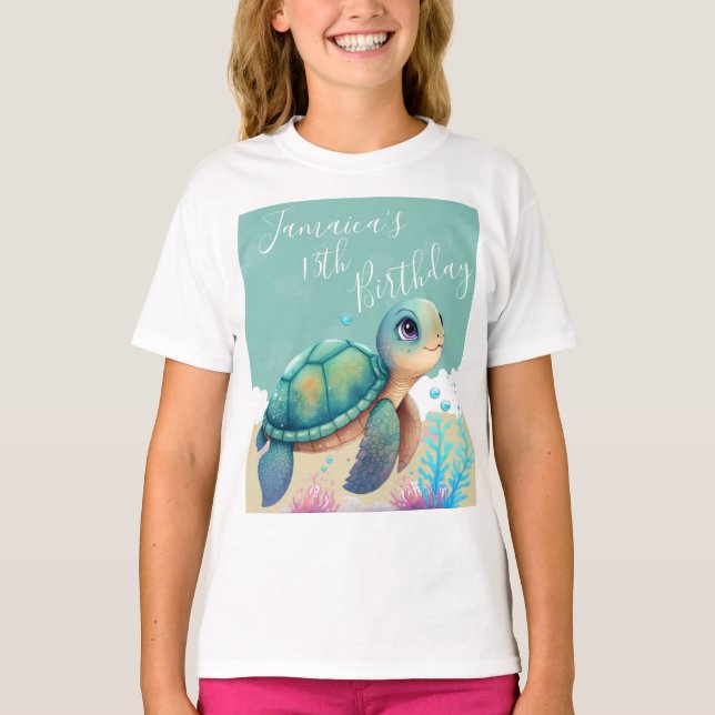 Camiseta de cumpleaños de tortuga de océano acuare (Anverso)