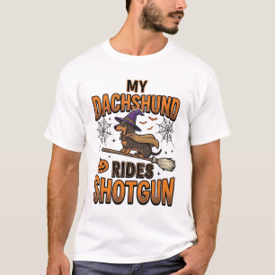 Camiseta de Dachshund Halloween Bruja Escoba Viaja