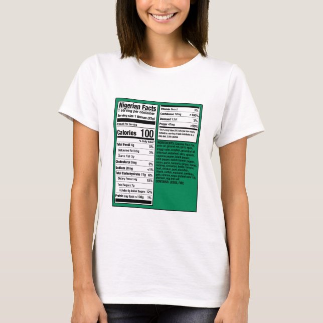 Camiseta de datos nutricionales de mujer nigeriana (Anverso)