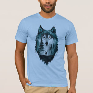 Camiseta de doble exposición del bosque del lobo m