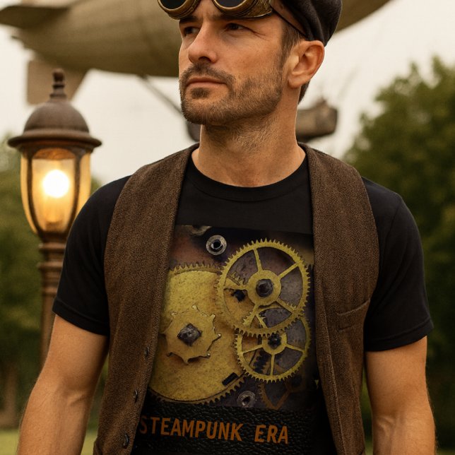 Camiseta de engranajes de reloj de estilo steampun (Steampunk gears and bold text pop on this black tee perfect for fans of retro-futuristic style.)