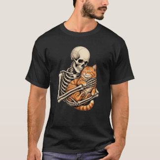 Camiseta de esqueleto lindo abrazando gato naranja