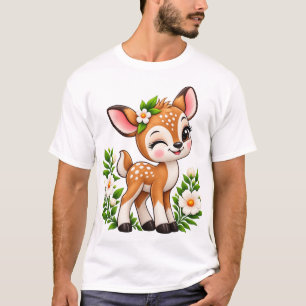 Camiseta de estilo de bordado floral de cervatillo