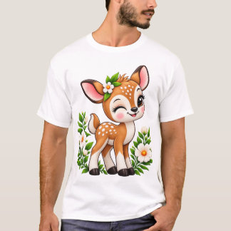 Camiseta de estilo de bordado floral de cervatillo