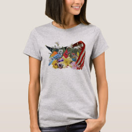 Camiseta de flores, pájaros y bandera