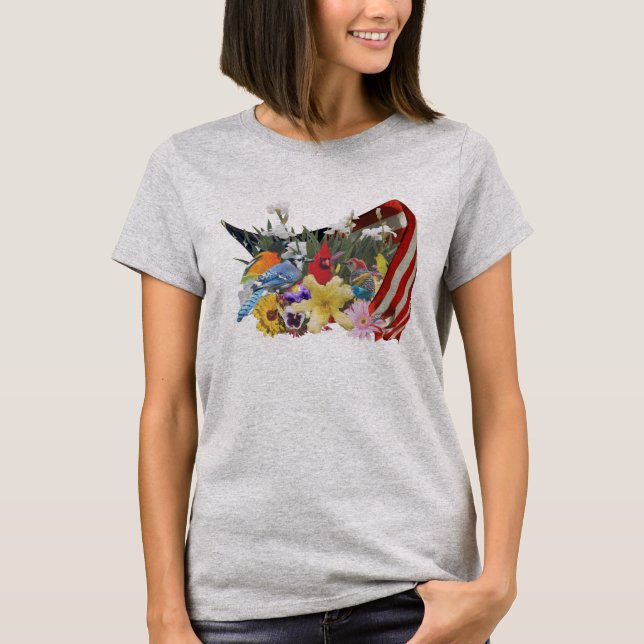 Camiseta de flores, pájaros y bandera (Anverso)
