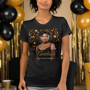 Camiseta de foto de cumpleaños dorada y negra para