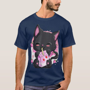 Camiseta De Fresa Para Mujeres Chicas, Kawaii Neko