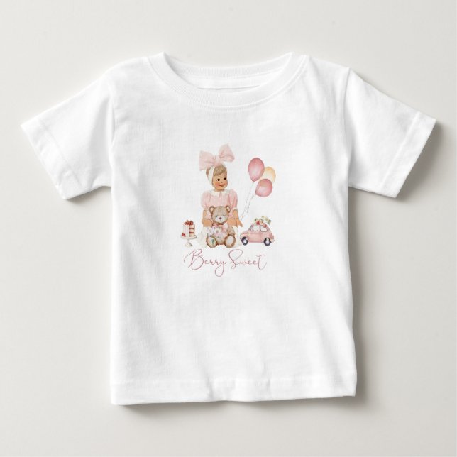 Camiseta de fresa rosa roja acuarela de niña (Anverso)