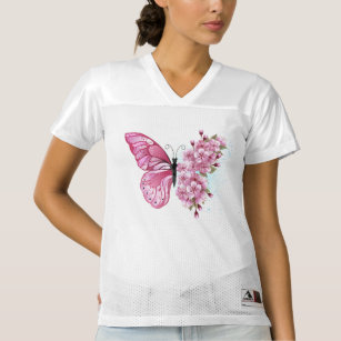 Camiseta De Fútbol Americano Para Mujer Flower Butterfly with Pink Sakura