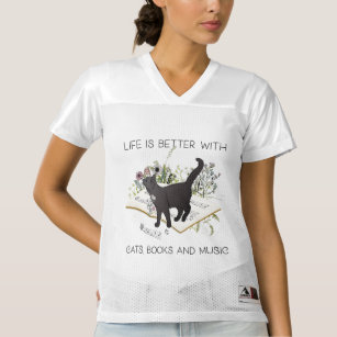 Camiseta De Fútbol Americano Para Mujer La vida es mejor con los libros de gatos y la músi