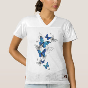 Camiseta De Fútbol Americano Para Mujer Morfo de las mariposas voladoras azules