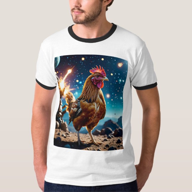 Camiseta de galaxia de batalla de pollo espacial é (Anverso)
