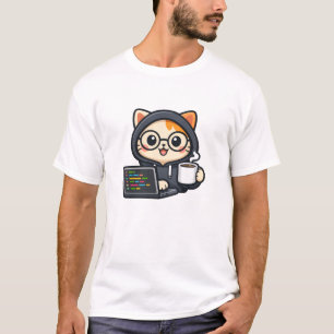 Camiseta de gato codificador lindo con café y port