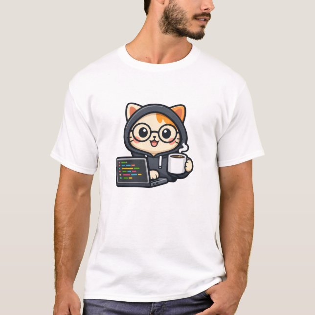 Camiseta de gato codificador lindo con café y port (Anverso)