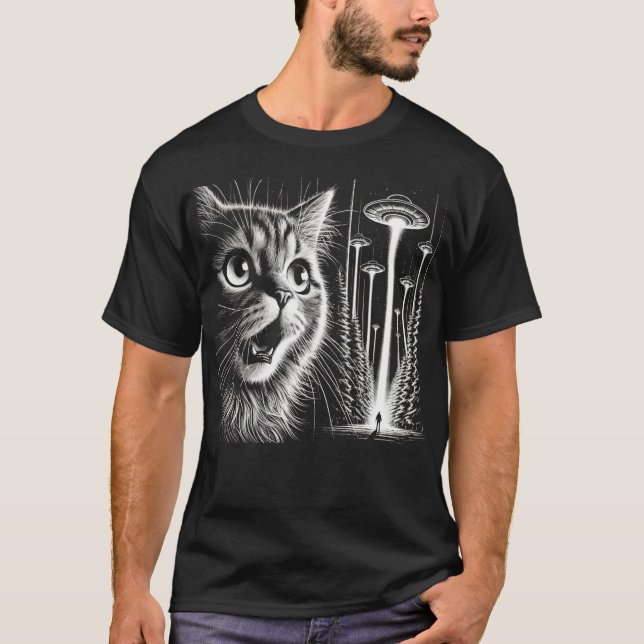 Camiseta de gato de OVNI - Gracioso secuestro de e (Anverso)