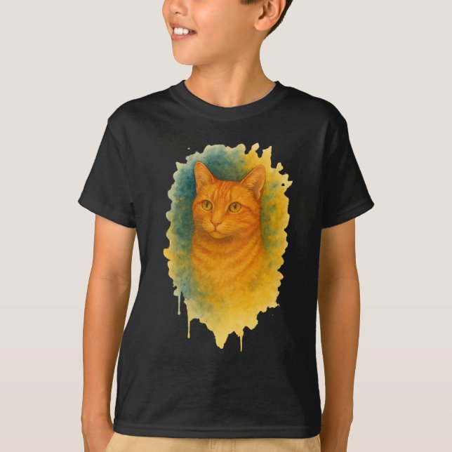 Camiseta de gato en acuarela con brillo dorado (Anverso)