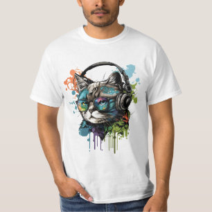 Camiseta de gato lindo con gafas y auriculares