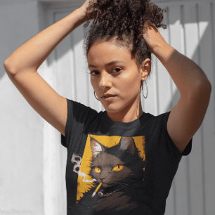Camiseta de gato negro divertido fumando cigarrill