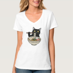 Camiseta de gato negro lindo comiendo ramen al est