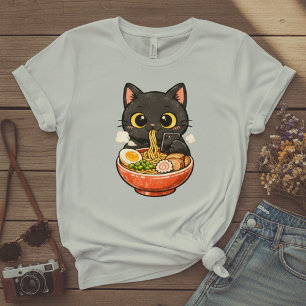 Camiseta de gato negro lindo comiendo ramen y envi