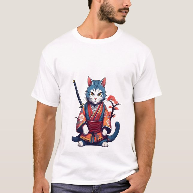 Camiseta de Gato Ninja Guerrero Samurái Japonés (Anverso)