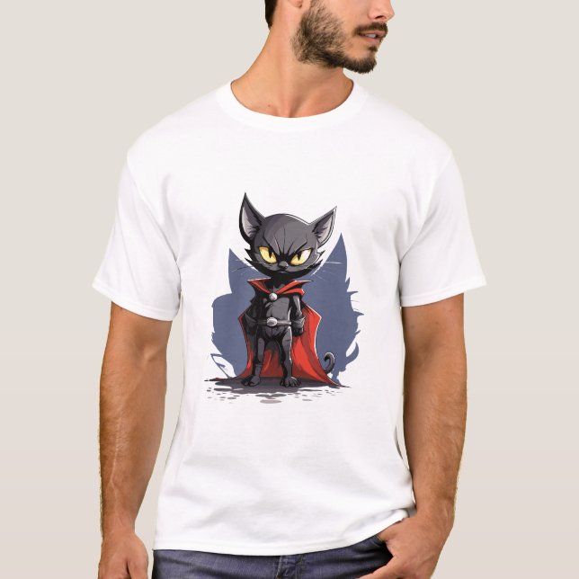 Camiseta de Gato Superhéroe Negro con Capa Roja (Anverso)