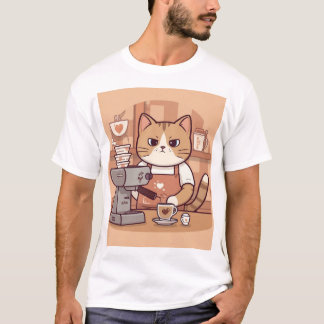Camiseta de gato y café de barista linda divertida