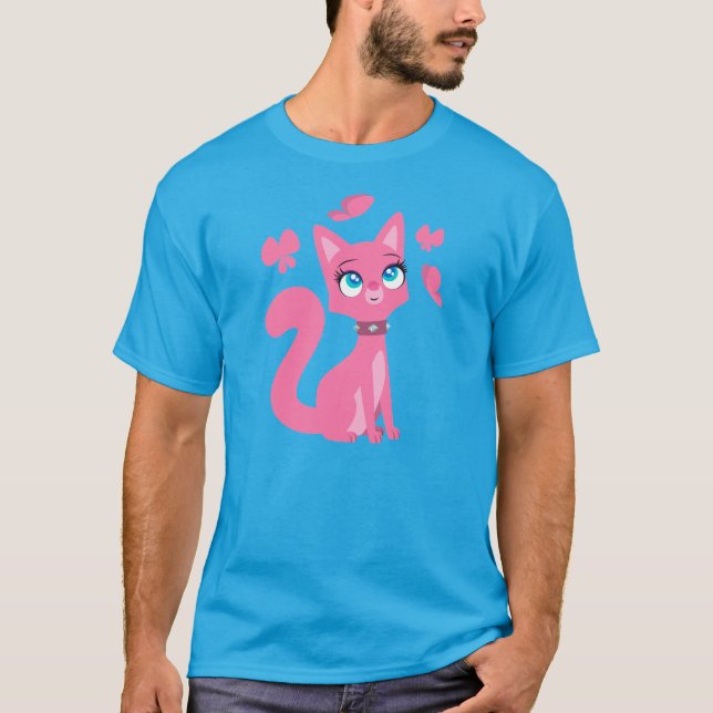 Camiseta de gato y mariposas Personalizado rosado (Anverso)