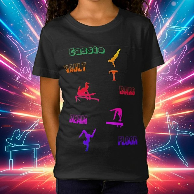 Camiseta de gimnasia - Bóvedas, vigas, piso (Personalized Gymnastics Rainbow T-Shirt - Custom Name & Event Design!)