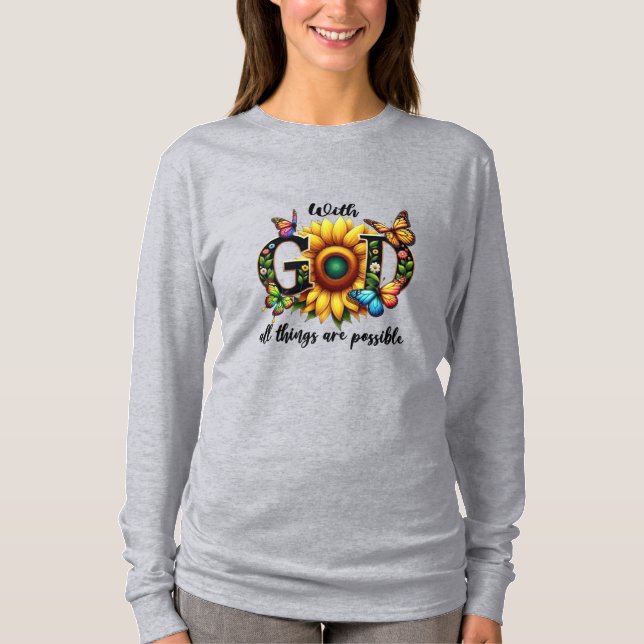 Camiseta de girasol de fe cristiana – Con Dios tod (Anverso)